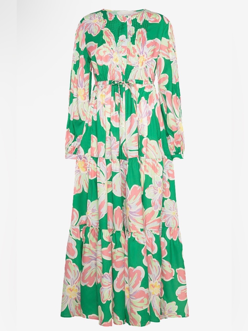 By Malina Green Floral Tiered Maxi Dress with Pink & Yellow Blooms NWT SIZE S - Picture 3 of 7